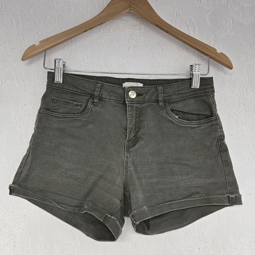 HM Olive Green Safari Twill Denim Shorts 4 Cuffed Faded Explorer Summer Beach